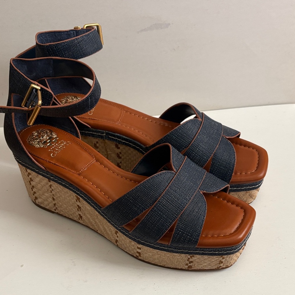 Vince Camuto Navy and Brown Wedge Sandals